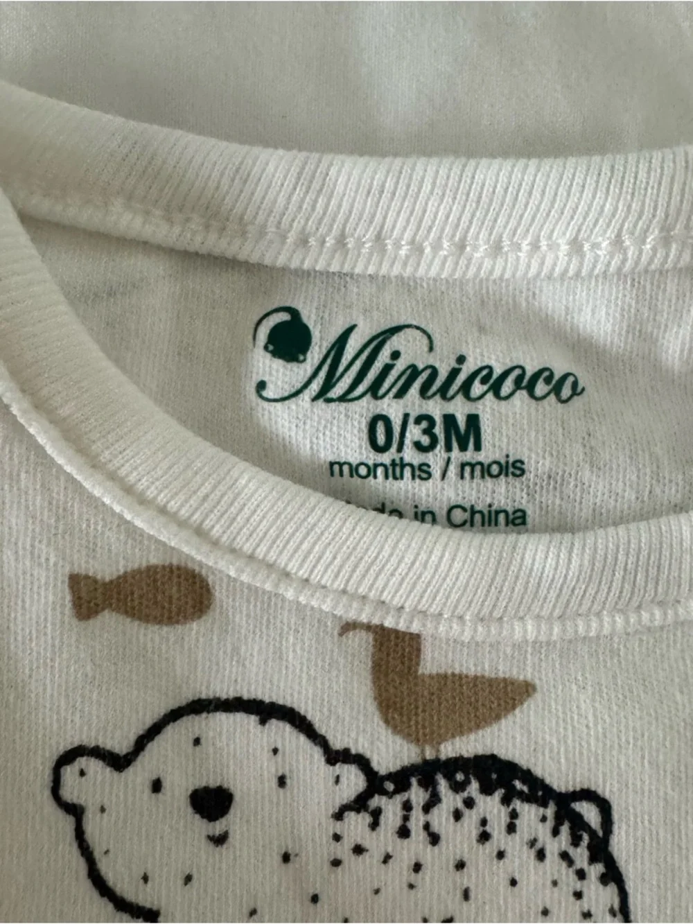 Minicoco Baby 0-3 mo White Nightgown with Black Animal‎ Prints and Tan Accents